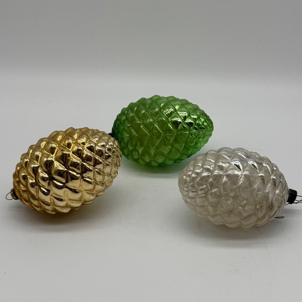 Vintage Blown Glass Jumbo Mercury Pinecone Christmas Ornaments Lot 3 green gold